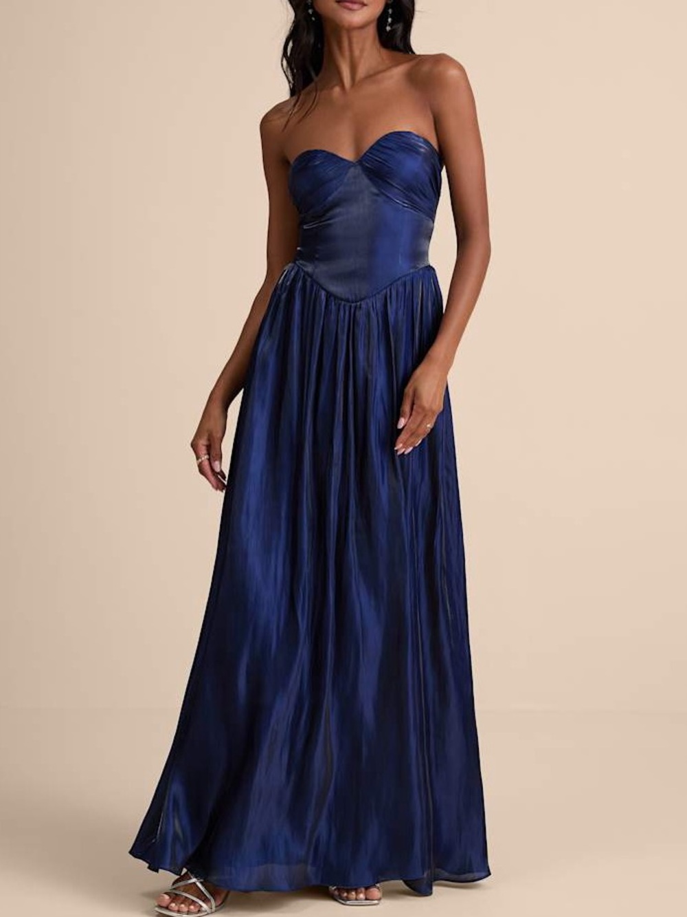 Lulus Kylin Navy Satin Basque Waist Maxi Dress Size XL NWT